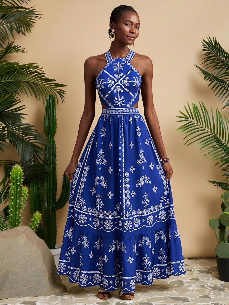 Travachic Summer Blue And White Floral Print Dress