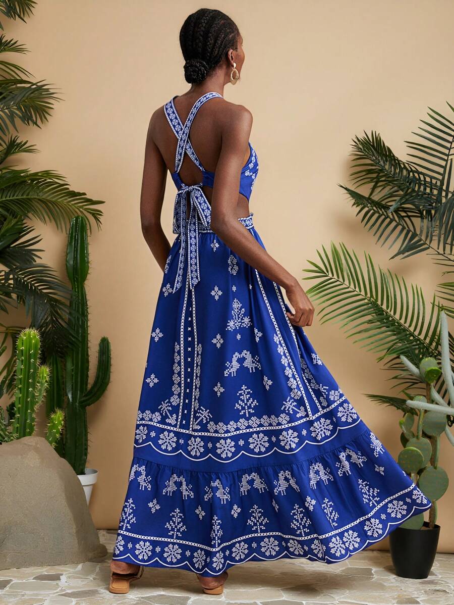 Travachic Summer Blue And White Floral Print Dress