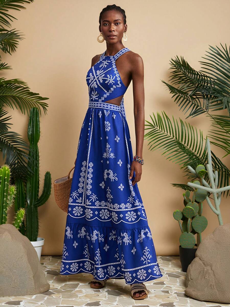 Travachic Summer Blue And White Floral Print Dress