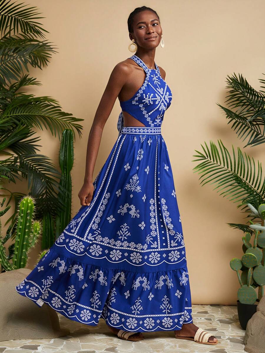Travachic Summer Blue And White Floral Print Dress