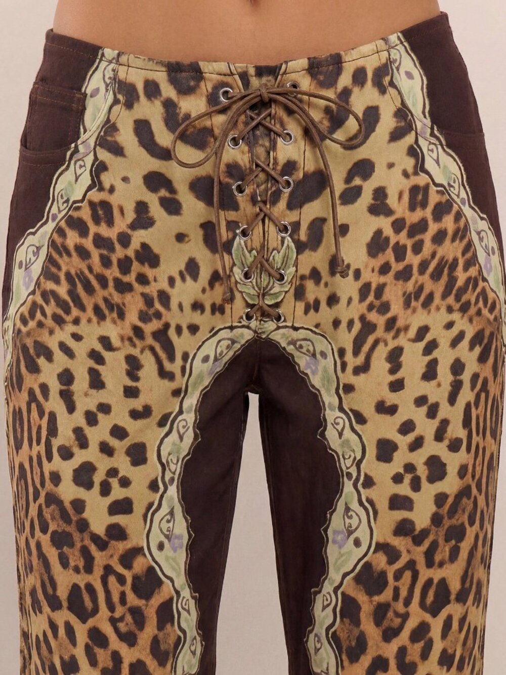 Brown Casual Women's Peacock Print Lace-Up Straight Leg Jeans