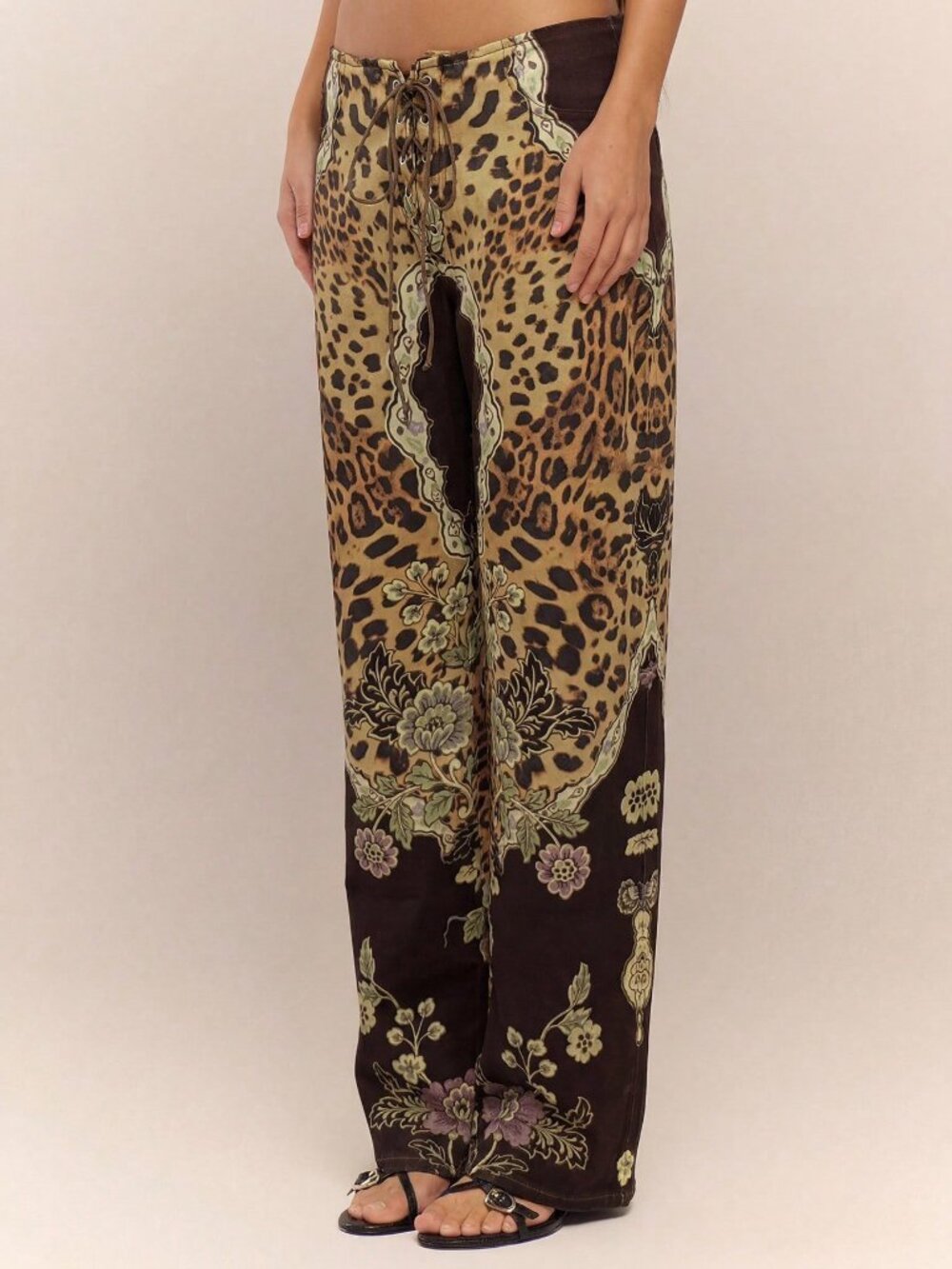 Brown Casual Women's Peacock Print Lace-Up Straight Leg Jeans