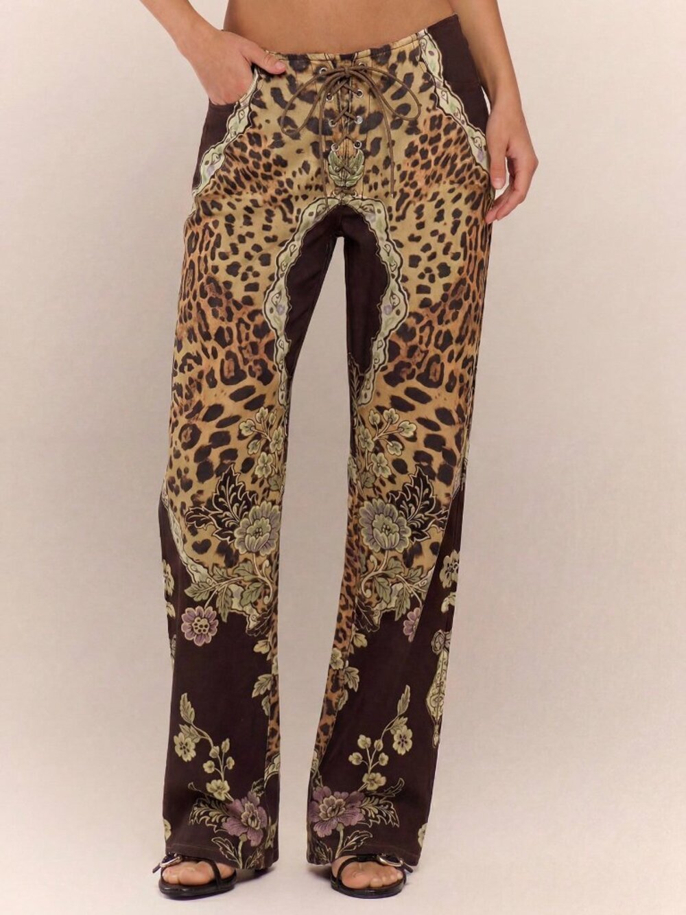 Brown Casual Women's Peacock Print Lace-Up Straight Leg Jeans