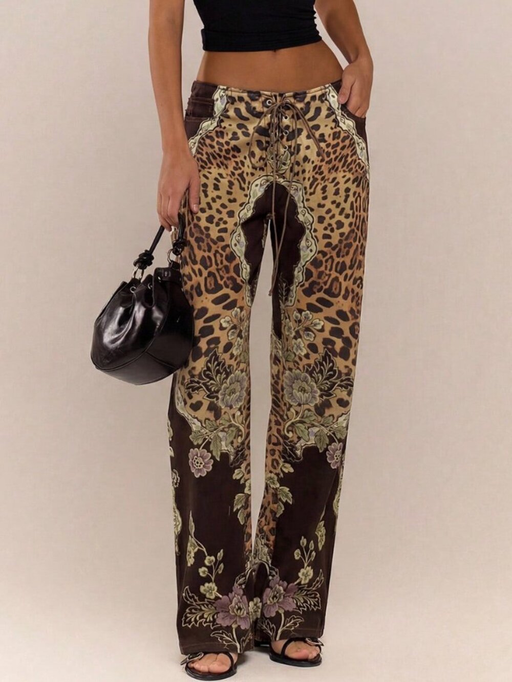 Brown Casual Women's Peacock Print Lace-Up Straight Leg Jeans