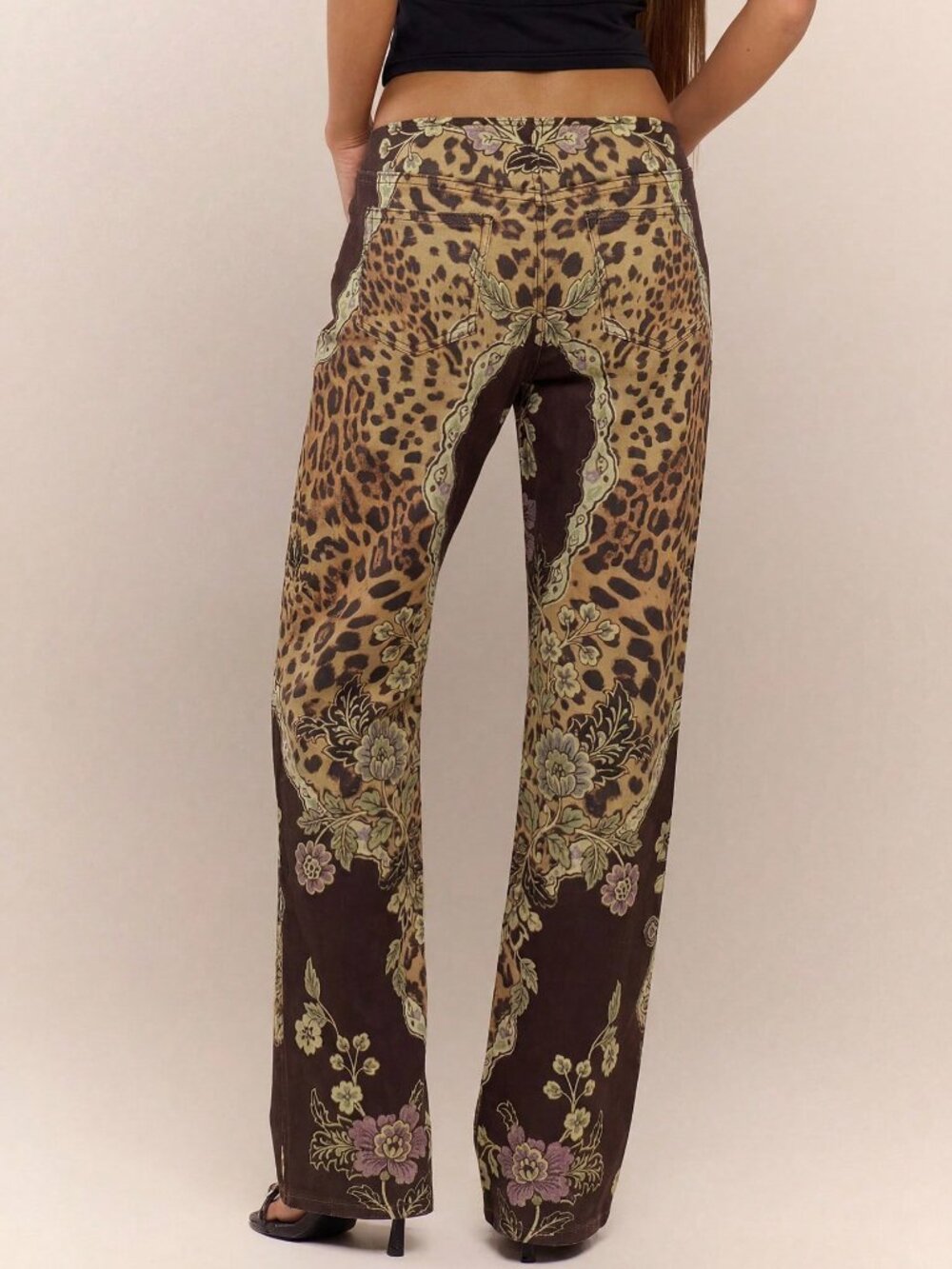 Brown Casual Women's Peacock Print Lace-Up Straight Leg Jeans